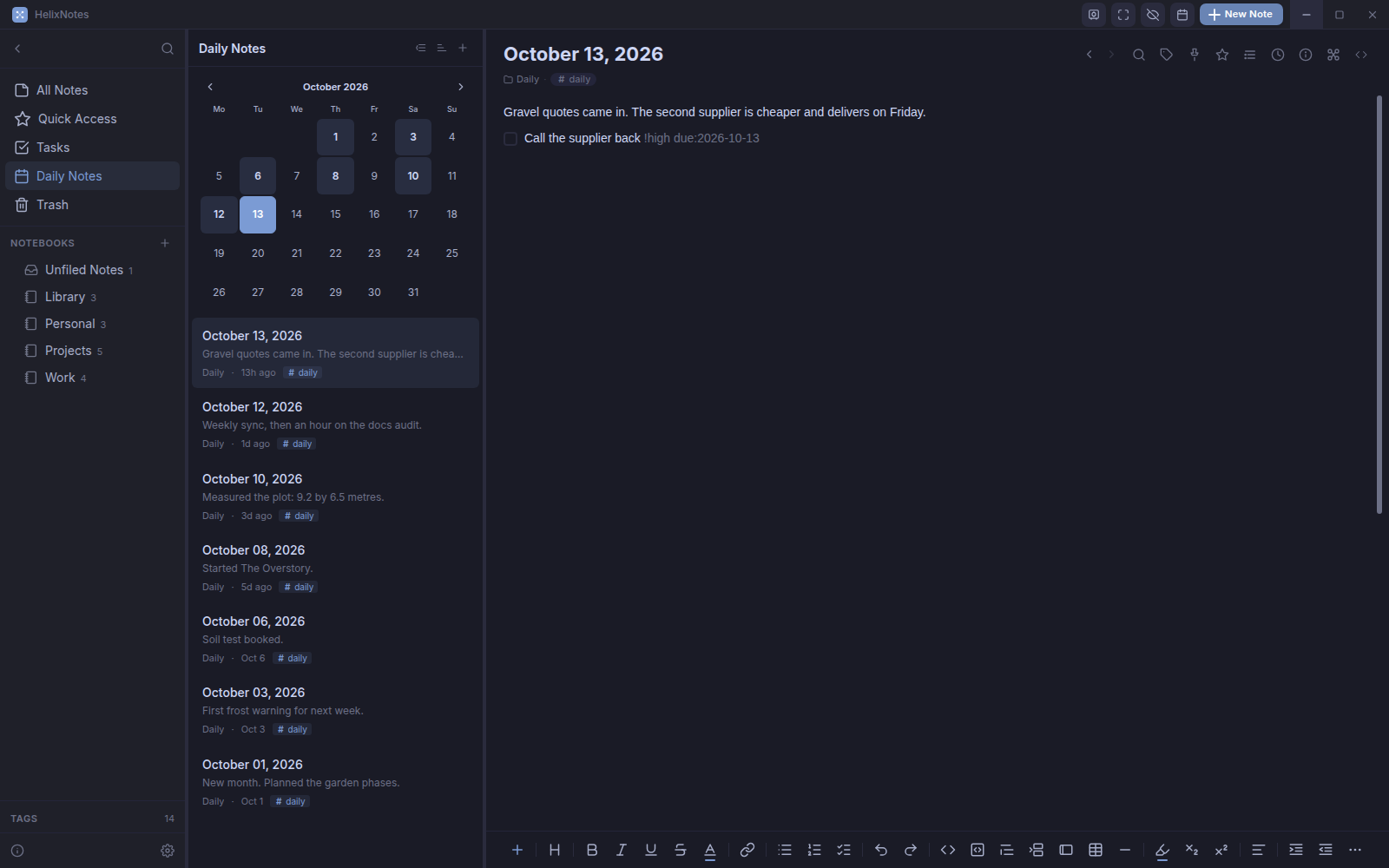 Daily notes calendar