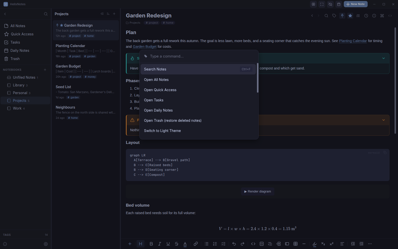 The command palette listing commands