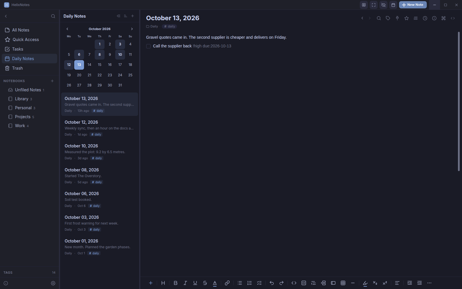 The Daily Notes calendar with days that have a note highlighted