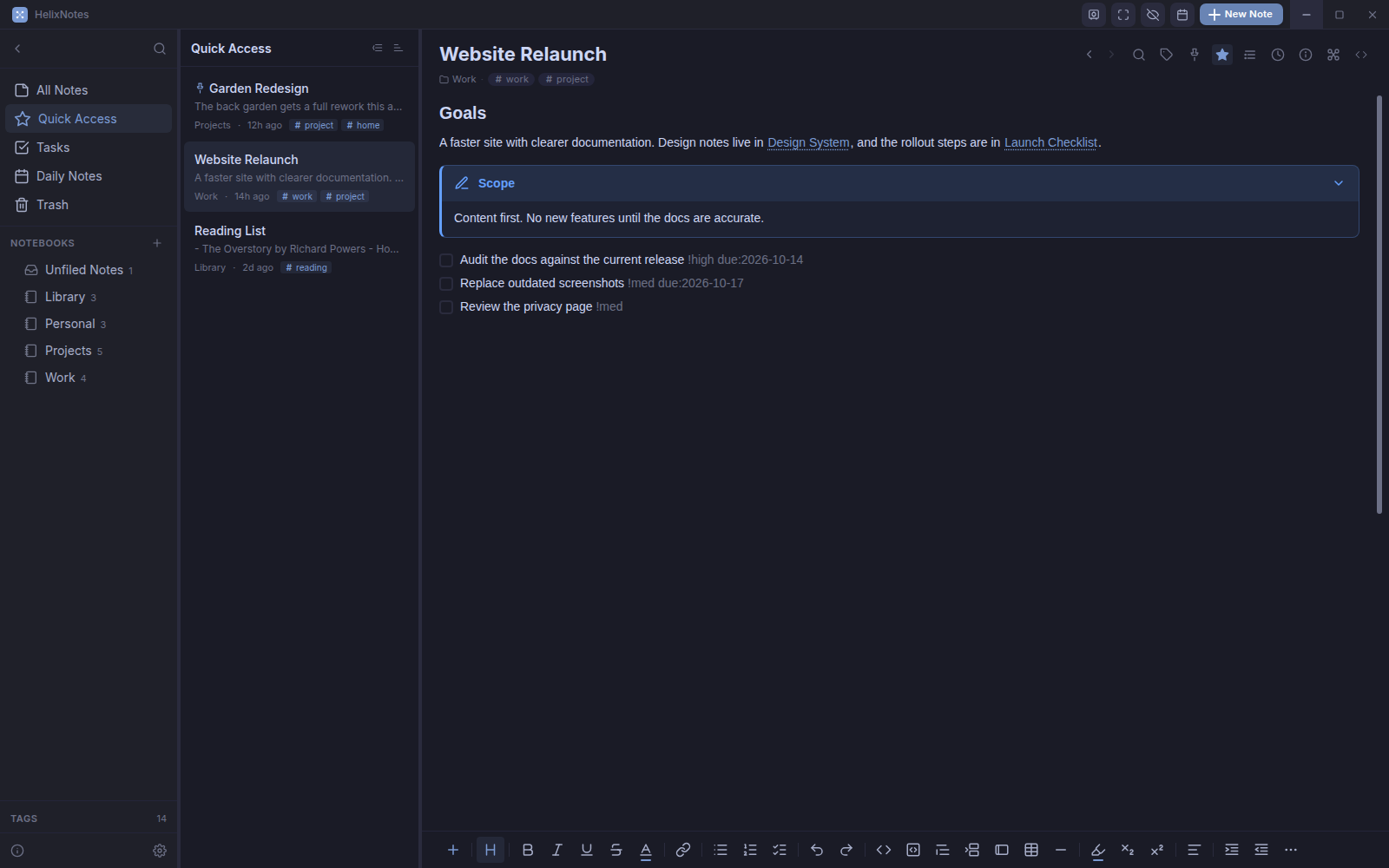 The Quick Access list with three starred notes