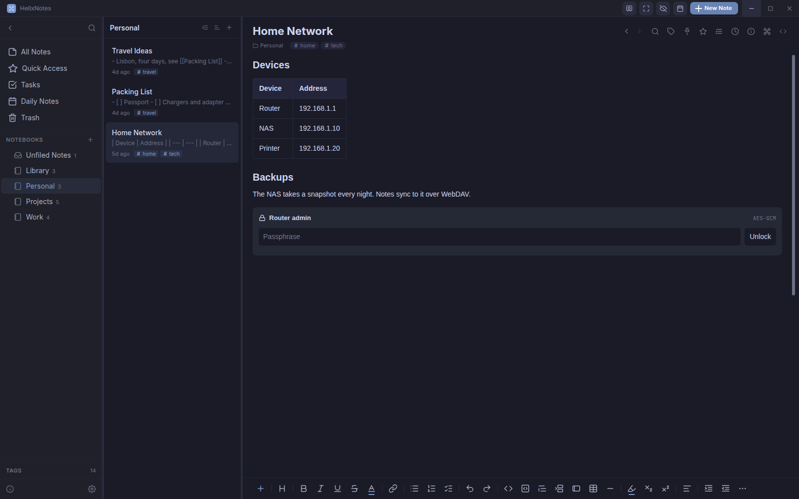 A locked secret block in a note with a passphrase field and an Unlock button