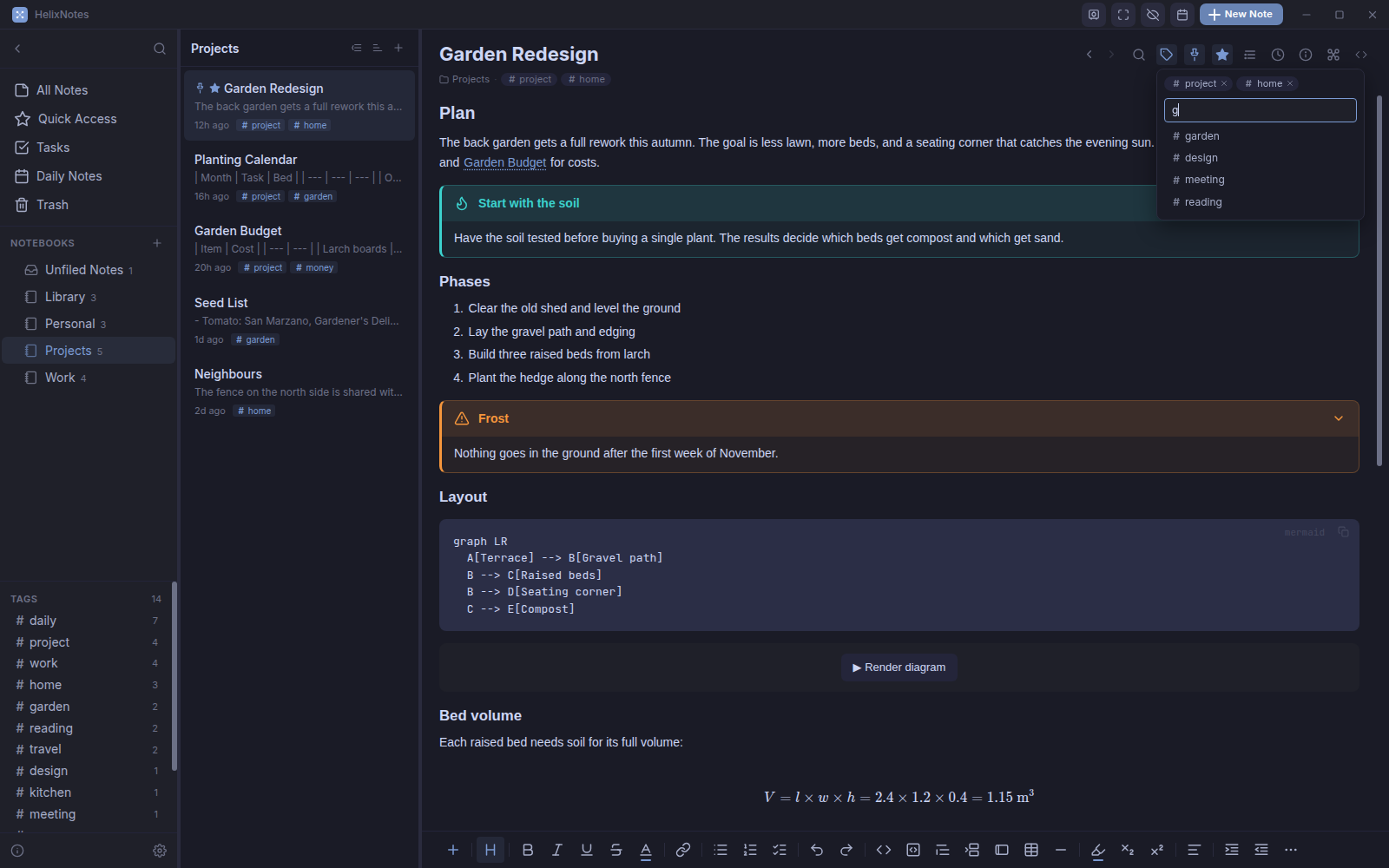 Adding a tag to a note with suggestions, and the tag list in the sidebar