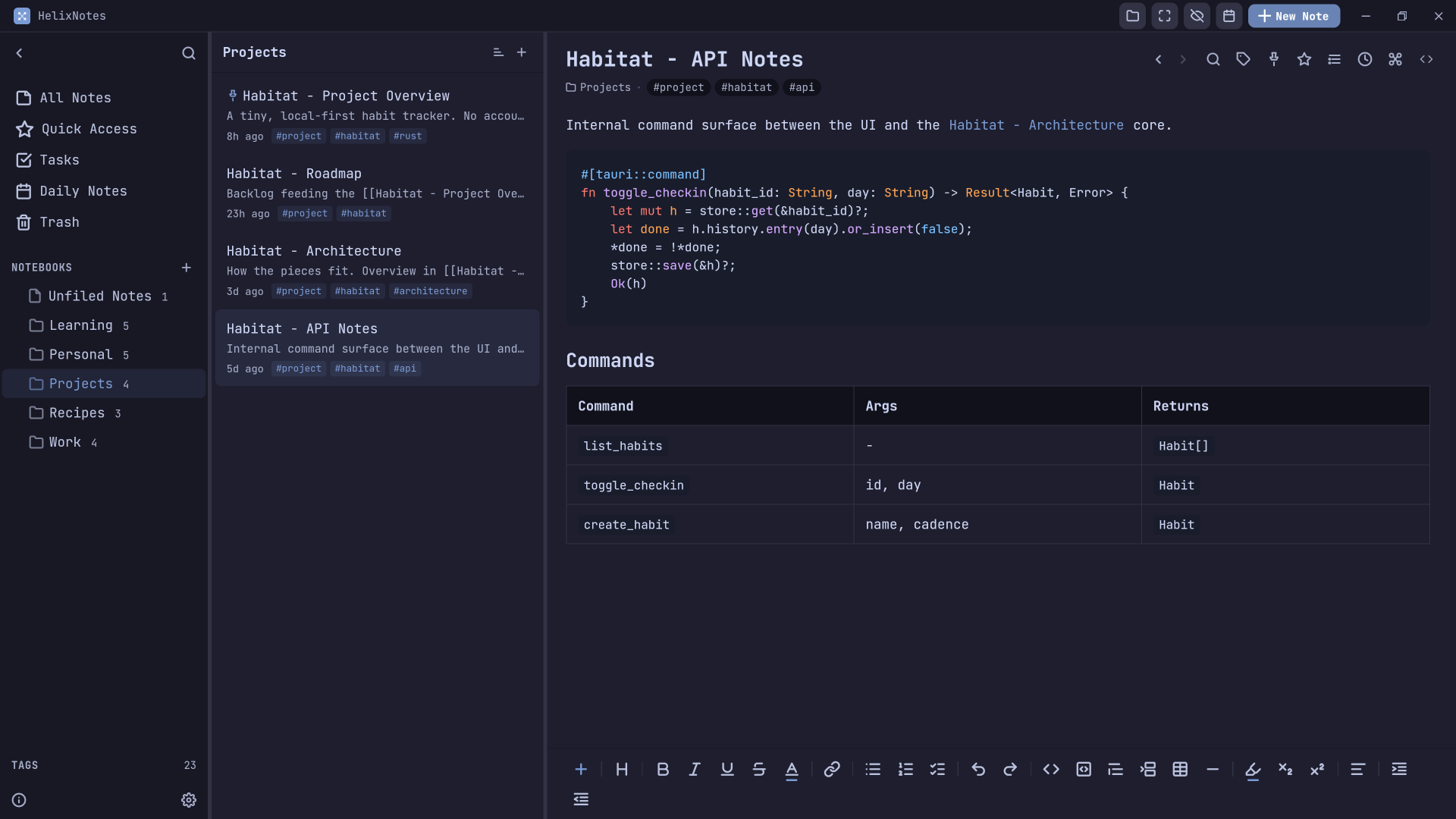HelixNotes editor with a code block
