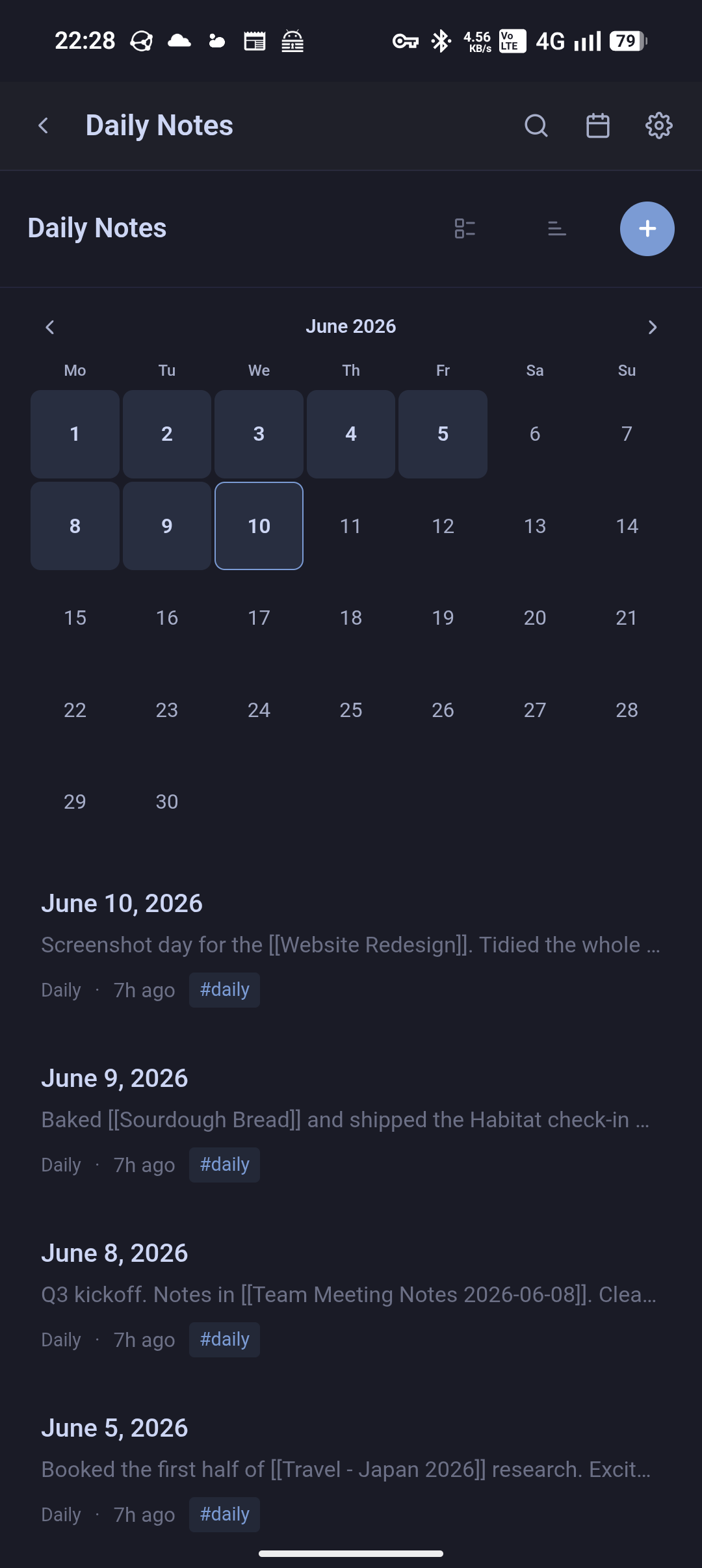 Daily notes calendar on mobile
